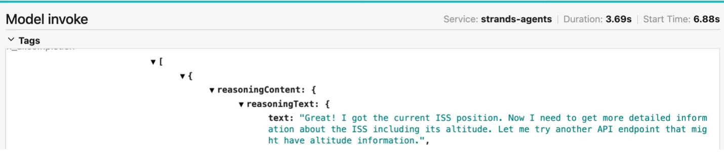 Reasoning content example showing model invocation with interleaved thinking